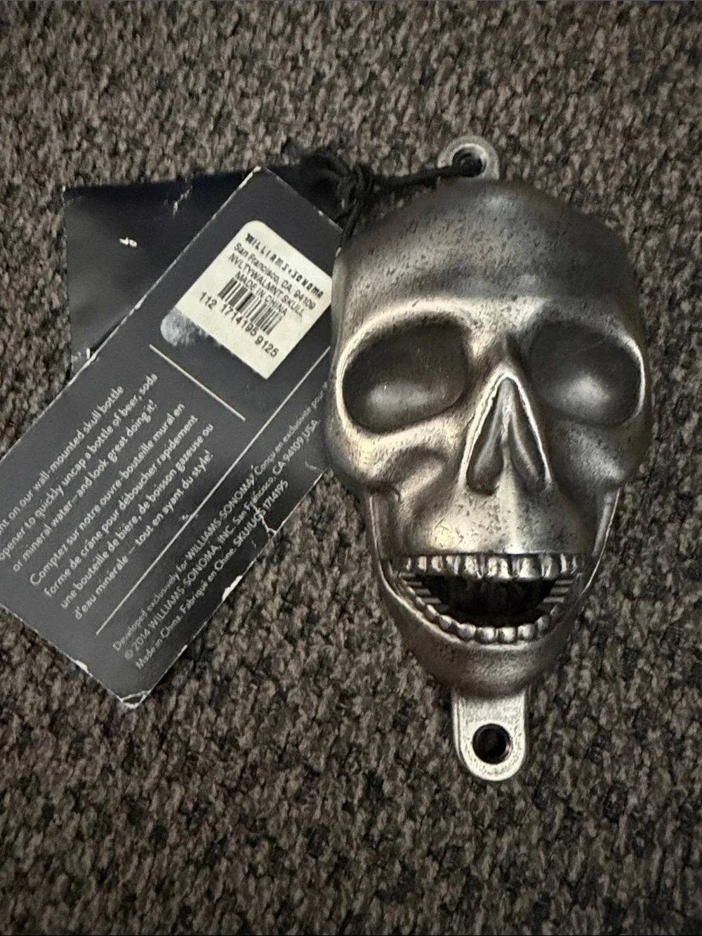 Williams and Sonoma Skull Bottle Opener - Silver Metal new with screws
